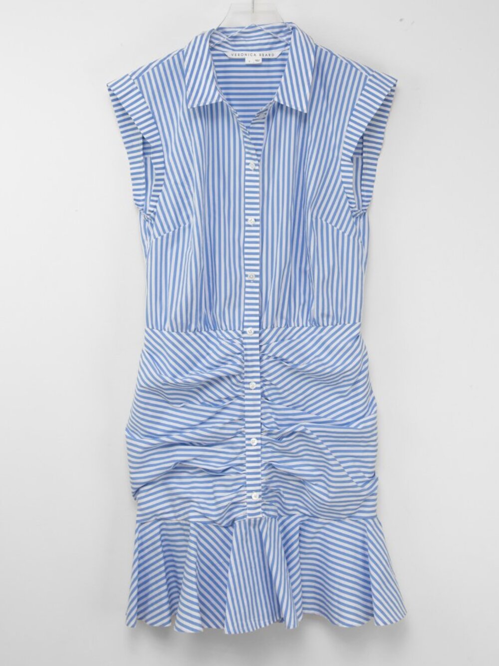 Veronica Beard Shirt Downing Dress Bell Button Ruched Stripe Blue White Size 8 - Picture 2 of 7